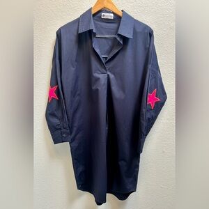 Caryn Lawn Preppy Star Navy Tunic Dress Pink Star Elbow Accents One Size